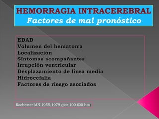 HEMORRAGIA INTRACEREBRAL
  Factores de mal pronóstico




Rochester MN 1955-1979 (por 100 000 hts)
 