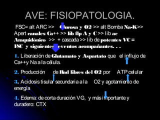 AVE: FISIOPATOLOGIA.AVE: FISIOPATOLOGIA.
FSC= alt ARC >> Glucosa y O2 >> alt BombaNa-K>>
Apert canales Ca++ >> lib flp A y C >> lib ac
Araquidónico >> + cascada>> lib depotentes VC =
FSC y siguientes eventos acompañantes. . .
1. Liberación deGlutamato y Aspartato que el influjo de
Ca++y Naalacélula.
2. Producción deRad libres del O2 por ATPcelular
3. Acidosistisular secundariaala O2 y agotamiento de
energía
4. Edema: decortaduración VG, y másimportantey
duradero: CTX
 