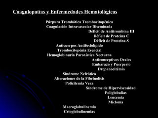Coagulopatías y Enfermedades Hematológicas
Púrpura Trombótica Trombocitopénica
Coagulación Intravascular Diseminada
Déficit de Antitrombina III
Déficit de Proteína C
Déficit de Proteína S
Anticuerpos Antifosfolípido
Trombocitopénia Esencial
Hemoglobinuria Paroxística Nocturna
Anticonceptivos Orales
Embarazo y Puerperio
Drepanocitémia
Síndrome Nefrótico
Alteraciones de la Fibrinolísis
Policitemia Vera
Síndrome de Hiperviscosidad
Poliglobulias
Leucemia
Mieloma
Macroglobulinemia
Crioglobulinemias
 