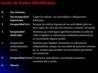 0. Sin síntomas.   
1. Sin incapacidad
importante
Capaz de realizar  sus actividades y obligaciones 
habituales.
2. Incapacidad leve Incapaz de realizar algunas de sus actividades previas, 
pero capaz de velar por sus intereses y asuntos sin ayuda.
3. Incapacidad
moderada
Síntomas que restringen significativamente su estilo de 
vida o impiden su subsistencia totalmente autónoma (p. 
ej. necesitando alguna ayuda).
4. Incapacidad 
moderadamente 
severa
Síntomas que impiden claramente su subsistencia 
independiente aunque sin necesidad de atención continua 
(p. ej. incapaz para atender sus necesidades personales 
sin asistencia).
5. Incapacidad severaTotalmente dependiente, necesitando asistencia 
constante día y noche.
6. Muerte   
Escala de Rankin (Modificada)
 