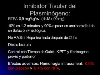 Inhibidor Tisular delInhibidor Tisular del
Plasminógeno:Plasminógeno:
RTPA 0,9 mg/kg/ev, (dsMx 90 mg)
10% en 1-2 minutos, y 90% apasar en unahoradiluido
en Solución Fisiológica.
No AASni Heparinahastadespuésde24 hs
Dietaabsoluta.
Control con Tiempo deQuick, KPTT y fibrinógeno
previo y posterior
Efectos adversos: Hemorragia intracraneal: 0.6%
con placebo y 6.4% con rtPA.
 