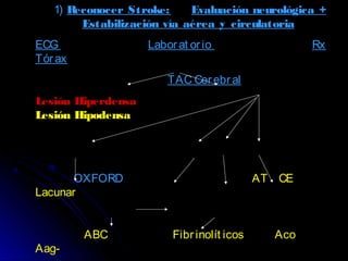1) Reconocer Stroke: Evaluación neurológica +
Estabilización vía aérea y circulatoria
ECG Laborat orio Rx
Tórax
TAC Cerebral
Lesión Hiperdensa
Lesión Hipodensa
OXFORD AT CE
Lacunar
ABC Fibrinolít icos Aco
Aag-
 