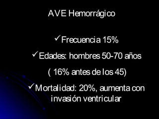 AVE Hemorrágico
Frecuencia15%
Edades: hombres50-70 años
( 16% antesdelos45)
Mortalidad: 20%, aumentacon
invasión ventricular
 
