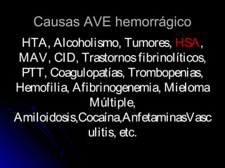 Causas AVE hemorrágicoCausas AVE hemorrágico
HTA, Alcoholismo, Tumores, HSA,
MAV, CID, Trastornosfibrinolíticos,
PTT, Coagulopatías, Trombopenias,
Hemofilia, Afibrinogenemia, Mieloma
Múltiple,
Amiloidosis,Cocaína,AnfetaminasVasc
ulitis, etc.
 
