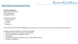 Sistemática Diagnóstica
TAC de cráneo sin contraste
Electrocardiograma
Radiografía de tórax
Estudios hematológicos:
• Recuento celular
• Plaquetas
• TP y TPT
• Bioquímica
Otras en función de la sintomatología (gasometría arterial, punción lumbar si se sospecha hemorragia subaracnoidea, etc.).
Estudios específico dirigidos a concretar la etiología:
• Estudios neurovascular no invasivos (ultrasonografía).
• Estudio cardiológico: ecocardiograma, holter.
• Arteriografía.
• Estudios inmunológicos y serológicos (suero, líquido cefalorraquídeo).
• Estudios pro coagulantes.
METODOS DIAGNOSTICOS
ENFERMEDAD CEREBRO VASCULAR
 