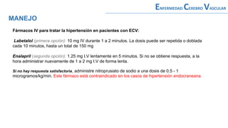 Fármacos IV para tratar la hipertensión en pacientes con ECV:
Labetalol (primera opción): 10 mg IV durante 1 a 2 minutos. La dosis puede ser repetida o doblada
cada 10 minutos, hasta un total de 150 mg
Enalapril (segunda opción): 1.25 mg I.V lentamente en 5 minutos. Si no se obtiene respuesta, a la
hora administrar nuevamente de 1 a 2 mg I.V de forma lenta.
Si no hay respuesta satisfactoria, administre nitroprusiato de sodio a una dosis de 0.5 - 1
microgramos/kg/min. Este fármaco está contraindicado en los casos de hipertensión endocraneana.
MANEJO
ENFERMEDAD CEREBRO VASCULAR
 