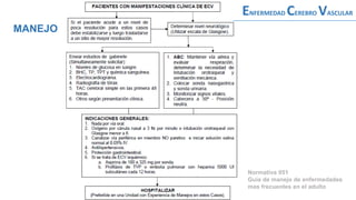 MANEJO
ENFERMEDAD CEREBRO VASCULAR
Normativa 051
Guía de manejo de enfermedades
mas frecuentes en el adulto
 