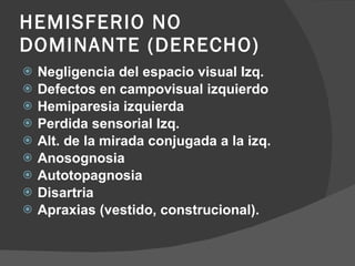 HEMISFERIO NO DOMINANTE (DERECHO) Negligencia del espacio visual Izq. Defectos en campovisual izquierdo Hemiparesia izquierda Perdida sensorial Izq. Alt. de la mirada conjugada a la izq. Anosognosia Autotopagnosia Disartria Apraxias (vestido, construcional). 