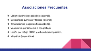 Asociaciones Frecuentes
❖ Lesiones por estrés (pacientes graves).
❖ Substancias químicas y tóxicos (alcohol).
❖ Traumatismos y agentes físicos (SNG).
❖ Vasculares (por isquemia o congestión).
❖ Lesión por reflujo ERGE y reflujo duodenogástrico.
❖ Idiopática (esporádica).
 