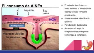 El consumo de AINEs ★ El tratamiento crónico con
AINE aumenta la incidencia de
úlcera péptica y retrasa la
cicatrización.
★ Provocan sobre todo úlceras
gástricas
★ Pero también duodenales
★ Aumentan el riesgo de
complicaciones,en especial
hemorragia o perforación
 