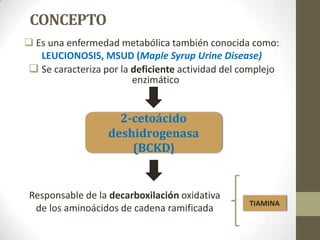 CONCEPTO
 Es una enfermedad metabólica también conocida como:
LEUCIONOSIS, MSUD (Maple Syrup Urine Disease)
 Se caracteriza por la deficiente actividad del complejo
enzimático
2-cetoácido
deshidrogenasa
(BCKD)
Responsable de la decarboxilación oxidativa
de los aminoácidos de cadena ramificada
TIAMINA
 