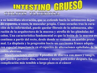 a su inmediata ulceración, que se extiende hacia la submucosa dejan-
do expuesta, a veces, la muscular propia. Como secuelas tras la cura-
ción de la enfermedad, puede quedar fibrosis de la submucosa, alte-
ración de la arquitectura de la mucosa y atrofia de las glándulas del
colon. Una característica fundamental es que la lesión de la mucosa es
continua a partir del recto, desde donde se extiende en sentido proxi-
mal. La displasia y la progresión hacia un carcinoma franco adquie-
ren especial importancia en el espectro de alteraciones epiteliales de la
colitis ulcerosa.
Manifestaciones clínicas: Episodios de diarrea con moco y sangre,
que pueden persistir días, semanas y meses para ceder después. La
complicación más temible a largo plazo es el cáncer
 