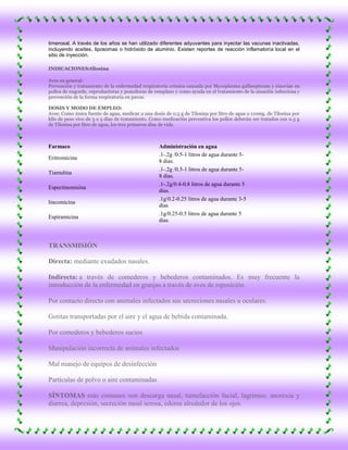 timerosal. A través de los años se han utilizado diferentes adyuvantes para inyectar las vacunas inactivadas,
incluyendo aceites, liposomas o hidróxido de aluminio. Existen reportes de reacción inflamatoria local en el
sitio de inyección.

INDICACIONES:tilosina

Aves en general:
Prevención y tratamiento de la enfermedad respiratoria crónica causada por Mycoplasma gallisepticum y sinoviae en
pollos de engorde, reproductoras y ponedoras de remplazo y como ayuda en el tratamiento de la sinusitis infecciosa y
prevención de la forma respiratoria en pavos.

DOSIS Y MODO DE EMPLEO:
Aves: Como única fuente de agua, medicar a una dosis de 0.5 g de Tilosina por litro de agua o 110mg. de Tilosina por
kilo de peso vivo de 3 a 5 días de tratamiento. Como medicación preventiva los pollos deberán ser tratados con 0.5 g
de Tilosina por litro de agua, los tres primeros días de vida.



Farmaco                                            Administración en agua
                                                   .1-.2g /0.5-1 litros de agua durante 5-
Eritromicina
                                                   8 dias.
                                                   .1-.2g /0.5-1 litros de agua durante 5-
Tiamulina
                                                   8 dias.
                                                   .1-.2g/0.4-0.8 litros de agua durante 5
Espectinomisina
                                                   dias.
                                                   .1g/0.2-0.25 litros de agua durante 3-5
lincomicina
                                                   dias
                                                   .1g/0.25-0.5 litros de agua durante 5
Espiramicina
                                                   dias



TRANSMISIÓN

Directa: mediante exudados nasales.

Indirecta: a través de comederos y bebederos contaminados. Es muy frecuente la
introducción de la enfermedad en granjas a través de aves de reposición.

Por contacto directo con animales infectados sus secreciones nasales u oculares.

Gotitas transportadas por el aire y el agua de bebida contaminada.

Por comederos y bebederos sucios

Manipulación incorrecta de animales infectados

Mal manejo de equipos de desinfección

Partículas de polvo o aire contaminadas

SÍNTOMAS más comunes son descarga nasal, tumefacción facial, lagrimeo, anorexia y
diarrea, depresión, secreción nasal serosa, edema alrededor de los ojos.
 