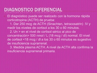 Diagnostico DIFERENCIALEl diagnóstico puede ser realizado con la hormona rápida corticotropina (ACTH) de prueba:   1. Dar 250 mcg de ACTH (Sinachten, tetracosatrin)  IV y medir los niveles de cortisol a los 30 o 60 minutos.   2. Un > en el nivel de cortisol sérico al pico de concentración> 500 nmol / L (18 mcg / dl) normal. El nivel de cortisol <18 mcg / dl a los 30 o 60 minutos es sugestivo de insuficiencia suprarrenal.   3. Medida plasma ACTH. A nivel de ACTH alta confirma la insuficiencia suprarrenal primaria..