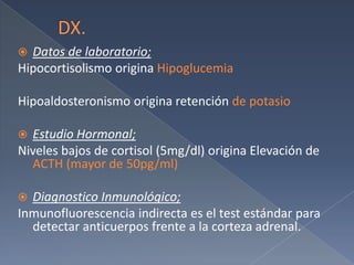 DX.Datos de laboratorio;Hipocortisolismo origina HipoglucemiaHipoaldosteronismo origina retención de potasioEstudio Hormonal;Niveles bajos de cortisol (5mg/dl) origina Elevación de ACTH(mayor de 50pg/ml)Diagnostico Inmunológico;Inmunofluorescencia indirecta es el test estándar para detectar anticuerpos frente a la corteza adrenal.