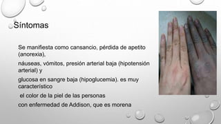 Síntomas
Se manifiesta como cansancio, pérdida de apetito
(anorexia),
náuseas, vómitos, presión arterial baja (hipotensión
arterial) y
glucosa en sangre baja (hipoglucemia). es muy
característico
el color de la piel de las personas
con enfermedad de Addison, que es morena
 