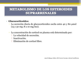 • Glucocorticoides:
▫ La secreción diaria de glucocorticoides oscila entre 40 y 80 µmol
(15 y 30 mg; 8 a 10 mg/m2).
▫ La concentración de cortisol en plasma está determinada por:
 La velocidad de secreción.
 Inactivación.
 Eliminación de cortisol libre.
nejm,Wolfgang, Oelkers, MD Current Concepts, Adrenal Insufficiency
 