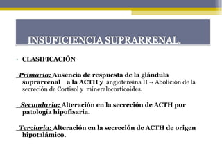 • CLASIFICACIÓN
Primaria: Ausencia de respuesta de la glándula
suprarrenal a la ACTH y angiotensina II Abolición de la→
secreción de Cortisol y mineralocorticoides.
Secundaria: Alteración en la secreción de ACTH por
patología hipofisaria.
Terciaria: Alteración en la secreción de ACTH de origen
hipotalámico.
 