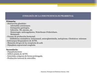 ETIOLOGÍA DE LA INSUFICIENCIA SUPRARRENAL
Primaria:
- Destrucción glandular:
Adrenalitis autoinmune.
Extirpación quirúrgica.
Infección: TB, micosis, etc.
Hemorragia: anticoagulantes, Waterhouse-Friderichsen.
Metástasis.
- Fracaso de producción hormonal:
Inhibidores enzimáticos: ketoconazol, aminoglutetimida, metopirona. Citotóxicos: mitotane.
-Anticuerpos bloqueadores de ACTH.
- Mutación del gen de los receptores de acth
- Hipoplasia suprarrenal congénita
Secundaria:
- Hipopituitarismo.
- Déficit aislado de ACTH.
- Esteróides exógenos de forma prolongada.
- Producción tumoral de esteroides.
Harrison. Principios de Medicina Interna. 17Ed
 