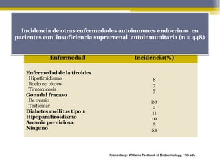Enfermedad Incidencia(%)
Enfermedad de la tiroides
Hipotiroidismo
Bocio no tóxico
Tirotoxicosis
Gonadal fracaso
De ovario
Testicular
Diabetes mellitus tipo 1
Hipoparatiroidismo
Anemia perniciosa
Ninguno
8
7
7
20
2
11
10
5
53
Incidencia de otras enfermedades autoinmunes endocrinas en
pacientes con insuficiencia suprarrenal autoinmunitaria (n = 448)
Incidencia de otras enfermedades autoinmunes endocrinas en
pacientes con insuficiencia suprarrenal autoinmunitaria (n = 448)
Kronenberg: Williams Textbook of Endocrinology, 11th ed.
 