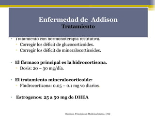 • Tratamiento con hormonoterapia restitutiva.
▫ Corregir los déficit de glucocorticoides.
▫ Corregir los déficit de mineralocorticoides.
• El fármaco principal es la hidrocortisona.
▫ Dosis: 20 – 30 mg/día.
• El tratamiento mineralocorticoide:
▫ Fludrocortizona: 0.05 – 0.1 mg vo diarios.
• Estrogenos: 25 a 50 mg de DHEA
Enfermedad de Addison
Tratamiento
Enfermedad de Addison
Tratamiento
Harrison. Principios de Medicina Interna. 17Ed
 