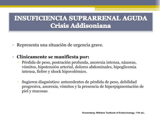 • Representa una situación de urgencia grave.
• Clínicamente se manifiesta por:
▫ Pérdida de peso, postración profunda, anorexia intensa, náuseas,
vómitos, hipotensión arterial, dolores abdominales, hipoglicemia
intensa, fiebre y shock hipovolémico.
▫ Sugieren diagnóstico: antecedentes de pérdida de peso, debilidad
progresiva, anorexia, vómitos y la presencia de hiperpigmentación de
piel y mucosas.
Kronenberg: Williams Textbook of Endocrinology, 11th ed.
 