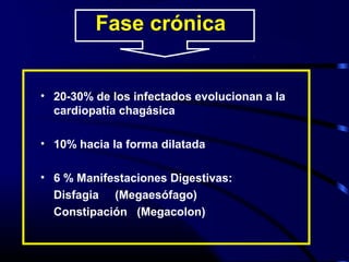 Fase crónica
• 20-30% de los infectados evolucionan a la
cardiopatía chagásica
• 10% hacia la forma dilatada
• 6 % Manifestaciones Digestivas:
Disfagia (Megaesófago)
Constipación (Megacolon)
 