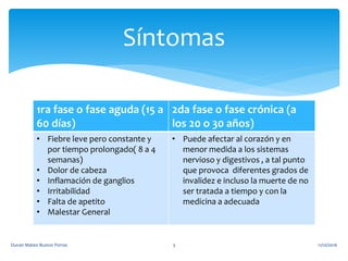 Síntomas
1ra fase o fase aguda (15 a
60 días)
2da fase o fase crónica (a
los 20 o 30 años)
• Fiebre leve pero constante y
por tiempo prolongado( 8 a 4
semanas)
• Dolor de cabeza
• Inflamación de ganglios
• Irritabilidad
• Falta de apetito
• Malestar General
• Puede afectar al corazón y en
menor medida a los sistemas
nervioso y digestivos , a tal punto
que provoca diferentes grados de
invalidez e incluso la muerte de no
ser tratada a tiempo y con la
medicina a adecuada
11/10/2016Duvan Mateo Bustos Porras 3
 