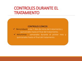 CONTROLES DURANTE EL
TRATAMIENTO
CONTROLES CLÍNICOS
 Benznidazol: a los 7 días de inicio del tratamiento y
quincenales hasta el final del tratamiento.
 Nifurtimox : semanales durante el primer mes y
quincenales hasta el final del tratamiento.
 