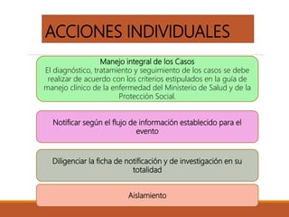 ACCIONES INDIVIDUALES
Manejo integral de los Casos
El diagnóstico, tratamiento y seguimiento de los casos se debe
realizar de acuerdo con los criterios estipulados en la guía de
manejo clínico de la enfermedad del Ministerio de Salud y de la
Protección Social.
Notificar según el flujo de información establecido para el
evento
Diligenciar la ficha de notificación y de investigación en su
totalidad
Aislamiento
 