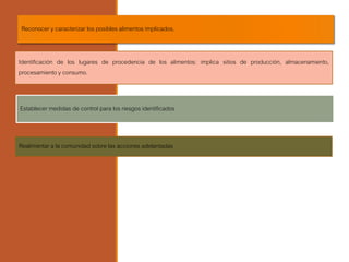 Reconocer y caracterizar los posibles alimentos implicados.
Identificación de los lugares de procedencia de los alimentos: implica sitios de producción, almacenamiento,
procesamiento y consumo.
Realimentar a la comunidad sobre las acciones adelantadas
Establecer medidas de control para los riesgos identificados.
 