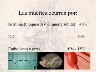 Las muertes ocurren por:
Arritmia (bloqueo AV o muerte súbita) 40%
ICC 50%
Embolismo y otras 10% - 15%
 