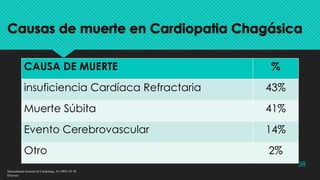 Causas de muerte en Cardiopatia Chagásica
CAUSA DE MUERTE %
insuficiencia Cardíaca Refractaria 43%
Muerte Súbita 41%
Evento Cerebrovascular 14%
Otro 2%
38
International Journal of Cardiology, 8 (1985) 45-56
Elsevier
 