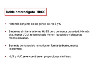 Doble heterocigoto HbSC

• Herencia conjunta de los genes de Hb S y C
• Síndrome similar a la forma HbSS pero de menor gravedad: Hb más
alta, menor VCM, reticulocitosis menor, leucocitos y plaquetas
menos elevadas.
• Son más comunes los hematíes en forma de barco, menos
falciformes.
• HbS y HbC se encuentran en proporciones similares.

 