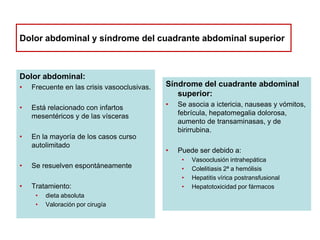 Dolor abdominal y síndrome del cuadrante abdominal superior

Dolor abdominal:
•

Frecuente en las crisis vasooclusivas.

•

Está relacionado con infartos
mesentéricos y de las vísceras

•

En la mayoría de los casos curso
autolimitado

•

Se resuelven espontáneamente

•

Tratamiento:
•
•

dieta absoluta
Valoración por cirugía

Síndrome del cuadrante abdominal
superior:
•

Se asocia a ictericia, nauseas y vómitos,
febrícula, hepatomegalia dolorosa,
aumento de transaminasas, y de
birirrubina.

•

Puede ser debido a:
•
•
•
•

Vasooclusión intrahepática
Colelitiasis 2ª a hemólisis
Hepatitis vírica postransfusional
Hepatotoxicidad por fármacos

 