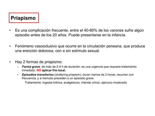 Priapismo
•

Es una complicación frecuente, entre el 40-80% de los varones sufre algún
episodio antes de los 20 años. Puede presentarse en la infancia.

•

Fenómeno vasooclusivo que ocurre en la circulación peneana, que produce
una erección dolorosa, con o sin estímulo sexual.

•

Hay 2 formas de priapismo:
–
–

Forma grave, de más de 2-4 h de duración: es una urgencia que requiere tratamiento
inmediato. NO aplicar frío local.
Episodios transitorios (stuttering priapism), duran menos de 2 horas, recurren con
frecuencia, y a menudo preceden a un episodio grave.
Tratamiento: ingesta hídrica, analgésicos, intentar orinar, ejercicio moderado

 