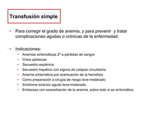 Transfusión simple
• Para corregir el grado de anemia, y para prevenir y tratar
complicaciones agudas o crónicas de la enfermedad.
• Indicaciones:
•
•
•
•
•
•
•
•

Anemias sintomáticas 2ª a pérdidas de sangre
Crisis aplásicas
Secuestro esplénico
Secuestro hepático con signos de colapso circulatorio
Anemia sintomática por acentuación de la hemólisis
Como preparación a cirugía de riesgo leve-moderado
Síndrome torácico agudo leve-moderado
Embarazo con exacerbación de la anemia, sobre todo si es sintomática

 