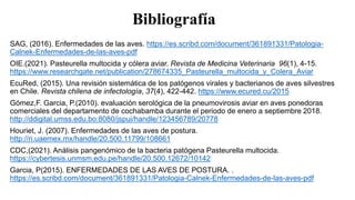 Bibliografía
SAG, (2016). Enfermedades de las aves. https://es.scribd.com/document/361891331/Patologia-
Calnek-Enfermedades-de-las-aves-pdf
OIE.(2021). Pasteurella multocida y cólera aviar. Revista de Medicina Veterinaria 96(1), 4-15.
https://www.researchgate.net/publication/278674335_Pasteurella_multocida_y_Colera_Aviar
EcuRed, (2015). Una revisión sistemática de los patógenos virales y bacterianos de aves silvestres
en Chile. Revista chilena de infectología, 37(4), 422-442. https://www.ecured.cu/2015
Gómez,F. Garcia, P.(2010). evaluación serológica de la pneumovirosis aviar en aves ponedoras
comerciales del departamento de cochabamba durante el periodo de enero a septiembre 2018.
http://ddigital.umss.edu.bo:8080/jspui/handle/123456789/20778
Houriet, J. (2007). Enfermedades de las aves de postura.
http://ri.uaemex.mx/handle/20.500.11799/108661
CDC,(2021). Análisis pangenómico de la bacteria patógena Pasteurella multocida.
https://cybertesis.unmsm.edu.pe/handle/20.500.12672/10142
Garcia, P(2015). ENFERMEDADES DE LAS AVES DE POSTURA. .
https://es.scribd.com/document/361891331/Patologia-Calnek-Enfermedades-de-las-aves-pdf
 