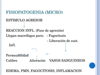 FISIOPATOGENIA (MICRO) ESTIMULO AGRESOR REACCION INFL. (Fase de agresión) Llegan macrófagos para:  - Fagocitosis - Liberación de sust. Infl. Permeabilidad  Calibre  Alteración  VASOS SANGUINEOS EDEMA, PMN, FAGOCITOSIS, INFLAMACION 