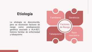 La etiología es desconocida,
pero se reconocen factores de
riesgo como predisposición
genética asociada a HLA-B27,
historia familiar de enfermedad
y tabaquismo
Factores
de Riesgo
Familiares
Tabaquismo
Genéticos
Raza
caucásica
Etiología
 
