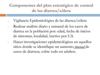 Componentes del plan estratégico de control
             de las diarrea/cólera

1.    Vigilancia Epidemiológica de las diarrea/cólera
•     Realizar análisis diario y semanal de los casos de
      diarrea en la población por: edad, fecha de inicios
      de síntomas, localidad, barrios por U.S.
•     Hacer investigaciones epidemiológicas en aquellos
      sitios donde se identifique un aumento inusual de
      casos de diarreas, sobre todo en adultos.
 