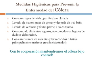 Medidas Higiénicas para Prevenir la
            Enfermedad del Cólera
1)    Consumir agua hervida , purificada o clorada
2)    Lavado de manos antes de comer y después de ir al baño
3)    Lavado de verduras y frutas previo a su consumo
4)    Consumo de alimentos seguros, no comerlos en lugares de
      dudosa elaboración,
5)    Consumir alimentos calientes y bien cocidos o fritos
      principalmente mariscos (recién elaborados)

     Con tu cooperación mantendremos el cólera bajo
                        control!
 