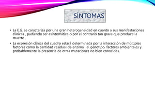 SÍNTOMAS
• La E.G. se caracteriza por una gran heterogeneidad en cuanto a sus manifestaciones
clínicas , pudiendo ser asintomática o por el contrario tan grave que produce la
muerte .
• La expresión clínica del cuadro estará determinada por la interacción de múltiples
factores como la cantidad residual de enzima , el genotipo, factores ambientales y
probablemente la presencia de otras mutaciones no bien conocidas.
 