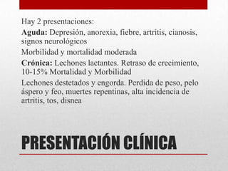 Hay 2 presentaciones:
Aguda: Depresión, anorexia, fiebre, artritis, cianosis,
signos neurológicos
Morbilidad y mortalidad moderada
Crónica: Lechones lactantes. Retraso de crecimiento,
10-15% Mortalidad y Morbilidad
Lechones destetados y engorda. Perdida de peso, pelo
áspero y feo, muertes repentinas, alta incidencia de
artritis, tos, disnea

PRESENTACIÓN CLÍNICA

 