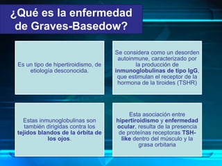 ¿Qué es la enfermedad
de Graves-Basedow?
Es un tipo de hipertiroidismo, de
etiología desconocida.
Se considera como un desorden
autoinmune, caracterizado por
la producción de
inmunoglobulinas de tipo IgG,
que estimulan el receptor de la
hormona de la tiroides (TSHR)
Estas inmunoglobulinas son
también dirigidas contra los
tejidos blandos de la órbita de
los ojos.
Esta asociación entre
hipertiroidismo y enfermedad
ocular, resulta de la presencia
de proteínas receptoras TSH-
like dentro del músculo y la
grasa orbitaria
 