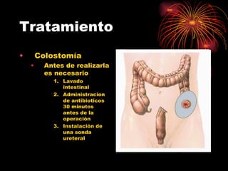 Tratamiento
•       Colostomía
    •     Antes de realizarla
          es necesario
            1. Lavado
               intestinal
            2. Administracion
               de antibioticos
               30 minutos
               antes de la
               operación
            3. Instalación de
               una sonda
               ureteral
 