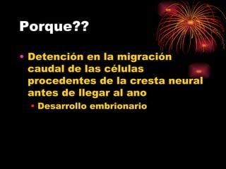 Porque??

• Detención en la migración
  caudal de las células
  procedentes de la cresta neural
  antes de llegar al ano
  • Desarrollo embrionario
 