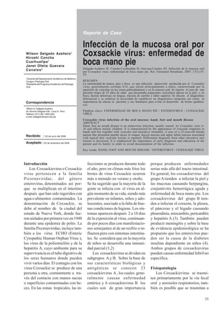 35
Introducción
Los Coxsackievirus o Coxsackie
virus pertenecen a la familia
Picornaviridae, del género
enterovirus, denominados así por-
que se multiplican en el intestino
después que han sido ingeridos con
agua o alimentos contaminados. La
denominación de Coxsackie, se
debe al nombre de la ciudad del
estado de Nueva York, donde fue-
ron aislados por primera vez en 1948
durante una epidemia de polio. La
familia Picornaviridae, incluye tam-
bién a los virus ECHO (Enteric
Cytopathic Human Orphan Virus ),
los virus de la poliomielitis y de la
hepatitis A, cuyo ambiente para su
supervivencia es el tubo digestivo de
los seres humanos donde pueden
vivir varios días. El contagio con los
virus Coxsackie se produce de una
persona a otra, comúnmente a tra-
vés del contacto con manos sucias
o superficies contaminadas con he-
ces. En las zonas tropicales, las in-
fecciones se producen durante todo
el año, pero en climas más fríos los
brotes de virus Coxsackie ocurren
más a menudo en verano y otoño.
Se ha sugerido que la mayoría de la
gente se infecta con el virus en al-
gún momento de su vida, siendo más
prevalente en infantes, niños y ado-
lescentes, asociado a la falta de bue-
nas condiciones de higiene. Los sín-
tomas aparecen después 2 a 10 días
de la exposición al virus, continuan-
do por pocos días con manifestacio-
nes semejantes al de un resfrío o in-
fluenza pero con síntomas intestina-
les. Se considera que en la mayoría
de niños se desarrolla una inmuni-
dad parcial (1,2)
Los coxsackievirus se dividen en
subgrupos A y B. Sobre la base de
sus características biológicas y
antigénicas se conocen 23
coxsackievirus A, los cuales gene-
ralmente causan enfermedad
entérica y 6 coxsackievirus B los
cuales son de gran importancia
porque producen enfermedades
serias más allá del tracto intestinal.
En general, los coxsackievirus del
grupo A tienden a infectar la piel y
las mucosas causando herpangina,
conjuntivitis hemorrágica aguda y
enfermedad de boca mano pie. Los
coxsackievirus del grupo B tien-
den a infectar el corazón, la pleura,
el páncreas y el hígado causando
pleurodinia, miocarditis, pericarditis
y hepatitis A (3). También pueden
producir meningitis y sobre la base
de evidencia epidemiológica se ha
propuesto que los enterovirus pue-
den ser la causa de la diabetes
insulina dependiente en niños (4).
Ambos grupos de coxsackievirus
pueden causar enfermedad febril no
específica.
Fisiopatología
Los Coxsackievirus se trasmi-
ten primariamente por la vía fecal
oral y aerosoles respiratorios, tam-
bién es posible que se trasmitan a
Infección de la mucosa oral por
Coxsackie virus: enfermedad de
boca mano pie
Delgado-Azañero W, Concha-Cusihuallpa H, Guevara-Canales JO. Infección de la mucosa oral
por Coxsackie virus: enfermedad de boca mano pie. Rev Estomatol Herediana. 2007; 17(1):35-
39.
RESUMEN
La enfermedad de manos, pies y boca es una infección enteroviral producida por el Coxsackie
virus, generalmente serotipo A16, que afecta principalmente a niños, caracterizada por la
aparición de vesículas en las zonas palmoplantares y en la mucosa oral. Se reporta el caso de una
paciente mujer de 25 años de edad que presentaba erupciones vesiculares típicas en la piel y en
boca, úlceras dolorosas en lengua, mucosa de carrillo y labio superior. Se discute el diagnóstico
diferencial y se enfatiza la necesidad de establecer un diagnóstico temprano así como la
importancia de educar al paciente y sus familiares para evitar el desarrollo de brotes epidémi-
cos.
Palabras clave: ENFERMEDAD DE BOCA MANO PIE / ENTEROVIRUS / COXSACKIE
VIRUS.
Coxsackie virus infection of the oral mucosa: hand, foot and mouth disease
ABSTRACT
Hand, foot an mouth disease is an enterovirus infection, usually caused by Coxsackie virus A-
16 and affects mainly children. It is characterized by the appearance of vesicular eruptions in
hands and feet together with vesicular and ulcerative stomatitis. A case of a 25-year-old female
patient that presented painful ulcers in tongue, buccal mucosa and upper labial mucosa associated
with typical skin vesicular lesions is reported. Differential diagnosis from other ulcerative oral
lesions is discussed. It is emphasised the importance of early diagnosis and education of the
patient and its family in order to avoid dissemination of the infection.
Key words: HAND, FOOT AND MOUTH DISEASE / ENTEROVIRUS / COXSACKIE VIRUS.
Wilson Delgado Azañero1
Hiroshi Concha
Cusihuallpa1
Janet Ofelia Guevara
Canales2
1
Docente del Departamento Académico de Medicina,
Cirugía y Patología Oral
2
Residente del Programa Académico de Patología
Oral
Correspondencia
Wilson A. Delgado Azañero
Av. Honorio Delgado 430 - Lima 31, Perú
Teléfono: (511) 381-1950 (252)
e-mail: wdelgado@upch.edu.pe
Reporte de Caso
Recibido : 23 de junio del 2006
Aceptado : 20 de diciembre del 2006
 