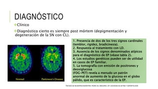 DIAGNÓSTICO
Clínico
Diagnóstico cierto es siempre post mórtem (depigmentación y
degeneración de la SN con CL).
1. Presencia de dos de los tres signos cardinales
(temblor, rigidez, bradicinesia).
2. Respuesta al tratamiento con LD.
3. Ausencia de los signos denominados atípicos
para el diagnóstico de EP (véase tabla 2).
4. Los estudios genéticos pueden ser de utilidad
en casos de EP familiar.
5. La tomografía con emisión de positrones y
deoxiglucosa
(FDG-PET) revela a menudo un patrón
anormal de aumento de la glucosa en el globo
pálido, que es característico de la EP.
TRATADO DE NEUROPSICOGERIATRIA, PEDRO GIL GREGORIO, 2011,SOCIEDAD DE GETRIA Y GERONTOLOGÍA
 
