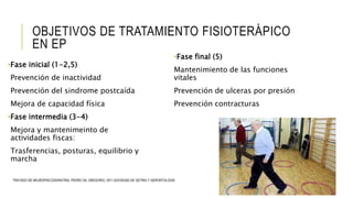 OBJETIVOS DE TRATAMIENTO FISIOTERÁPICO
EN EP
•Fase inicial (1-2,5)
Prevención de inactividad
Prevención del sindrome postcaída
Mejora de capacidad física
•Fase intermedia (3-4)
Mejora y mantenimeinto de
actividades fiscas:
Trasferencias, posturas, equilibrio y
marcha
•Fase final (5)
Mantenimiento de las funciones
vitales
Prevención de ulceras por presión
Prevención contracturas
TRATADO DE NEUROPSICOGERIATRIA, PEDRO GIL GREGORIO, 2011,SOCIEDAD DE GETRIA Y GERONTOLOGÍA
 